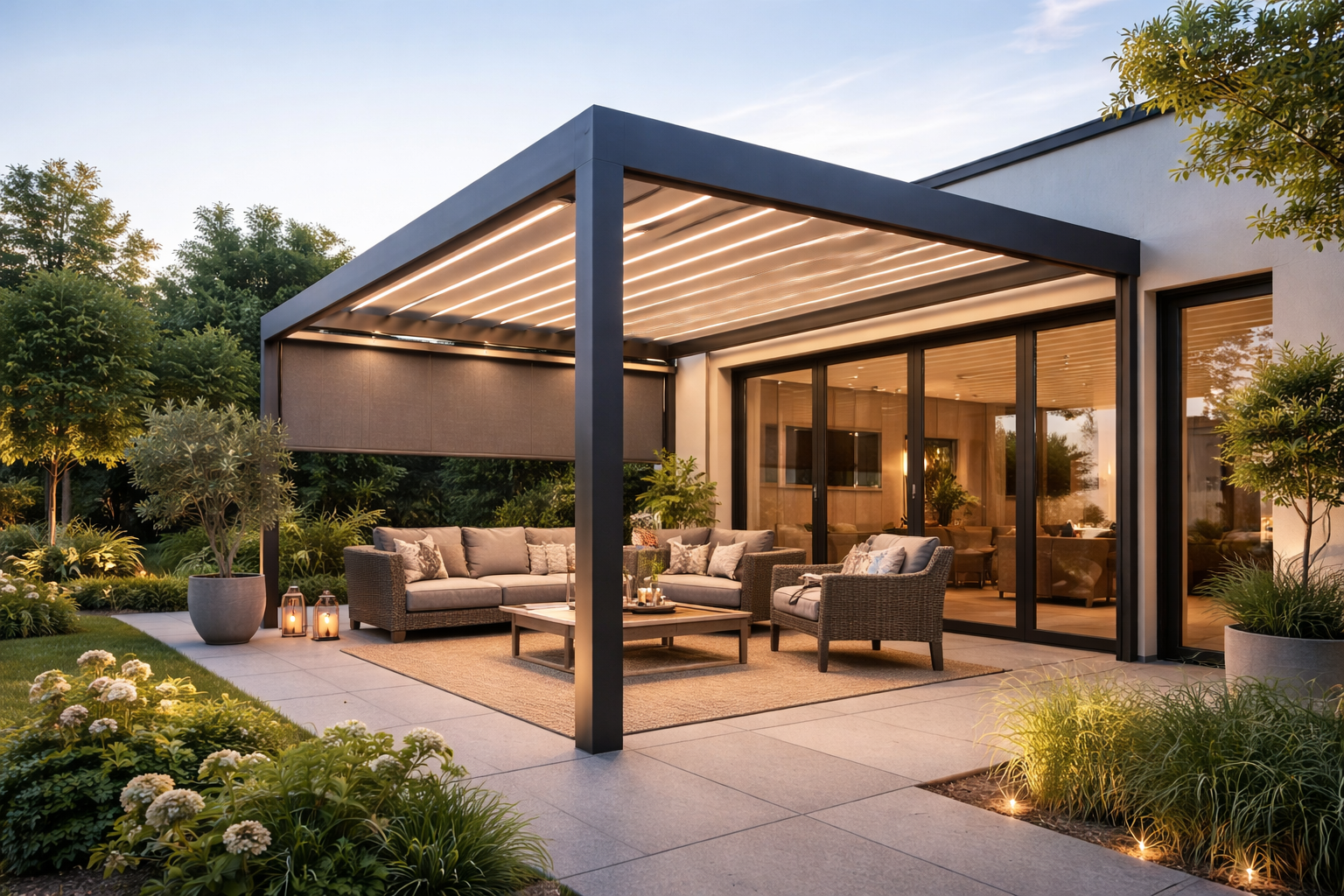 Nowoczesna pergola tarasowa przy domu jednorodzinnym