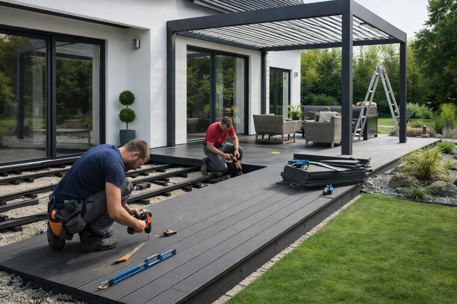 Realizacja nowoczesnego tarasu kompozytowego z pergolą drewnianą przy domu jednorodzinnym.