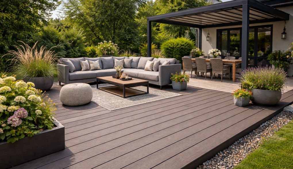 Taras z deski kompozytowej przy nowoczesnym domu